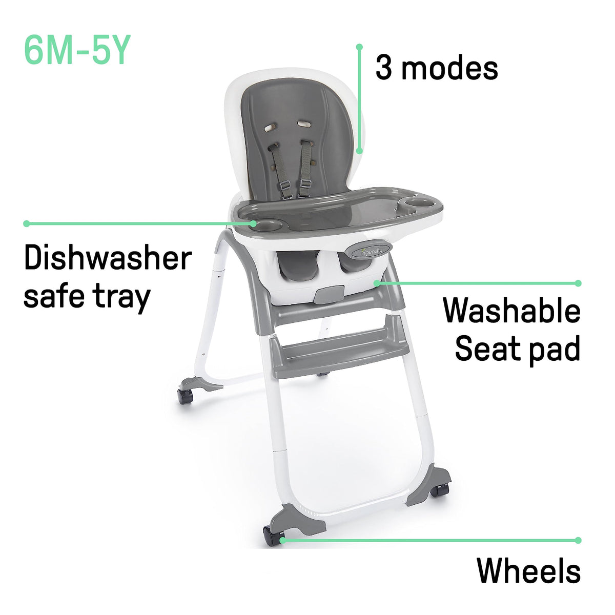 Ingenuity SmartClean Trio Elite 3-in-1 Baby High Chair, Slate