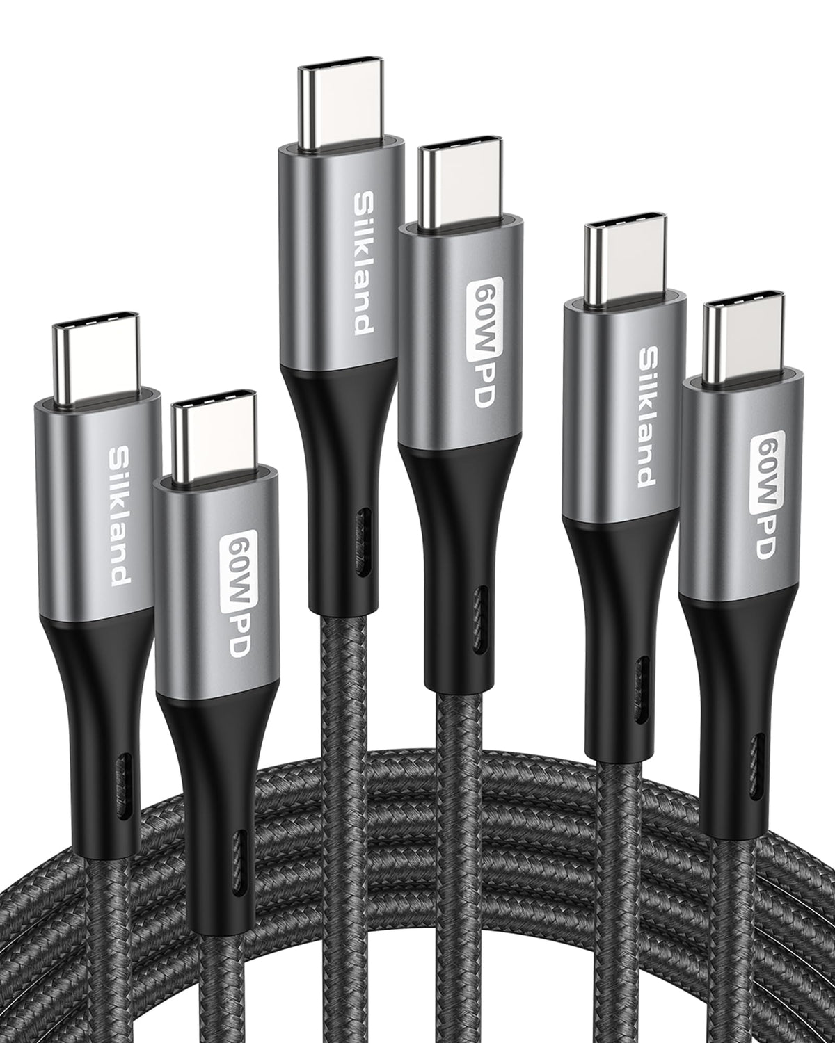 Silkland 60W USB C to USB C Cable, 6.6ft+3.3ft+1.6ft, 3 Pack
