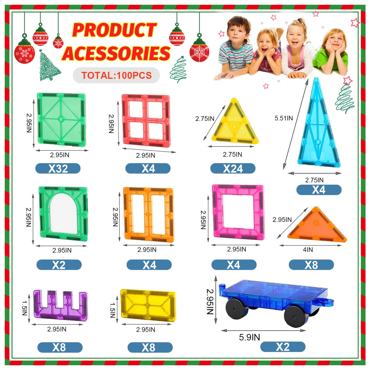 Magnetic Tiles Building Blocks Set for Kids, 100 Pieces