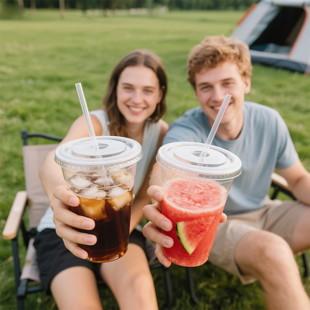 Joyeux Clear Plastic Cups with Lids and Straws, 16 oz, 100 Pack