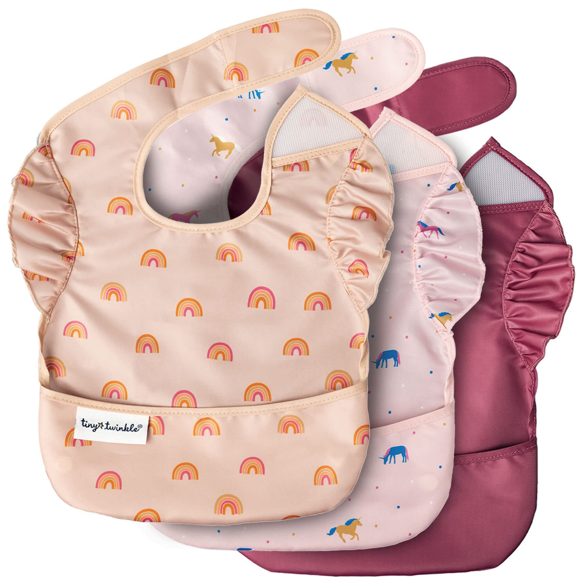 Tiny Twinkle Mess-Proof Easy Bib, 3 Pack, Unicorn, Rainbow, Burgundy