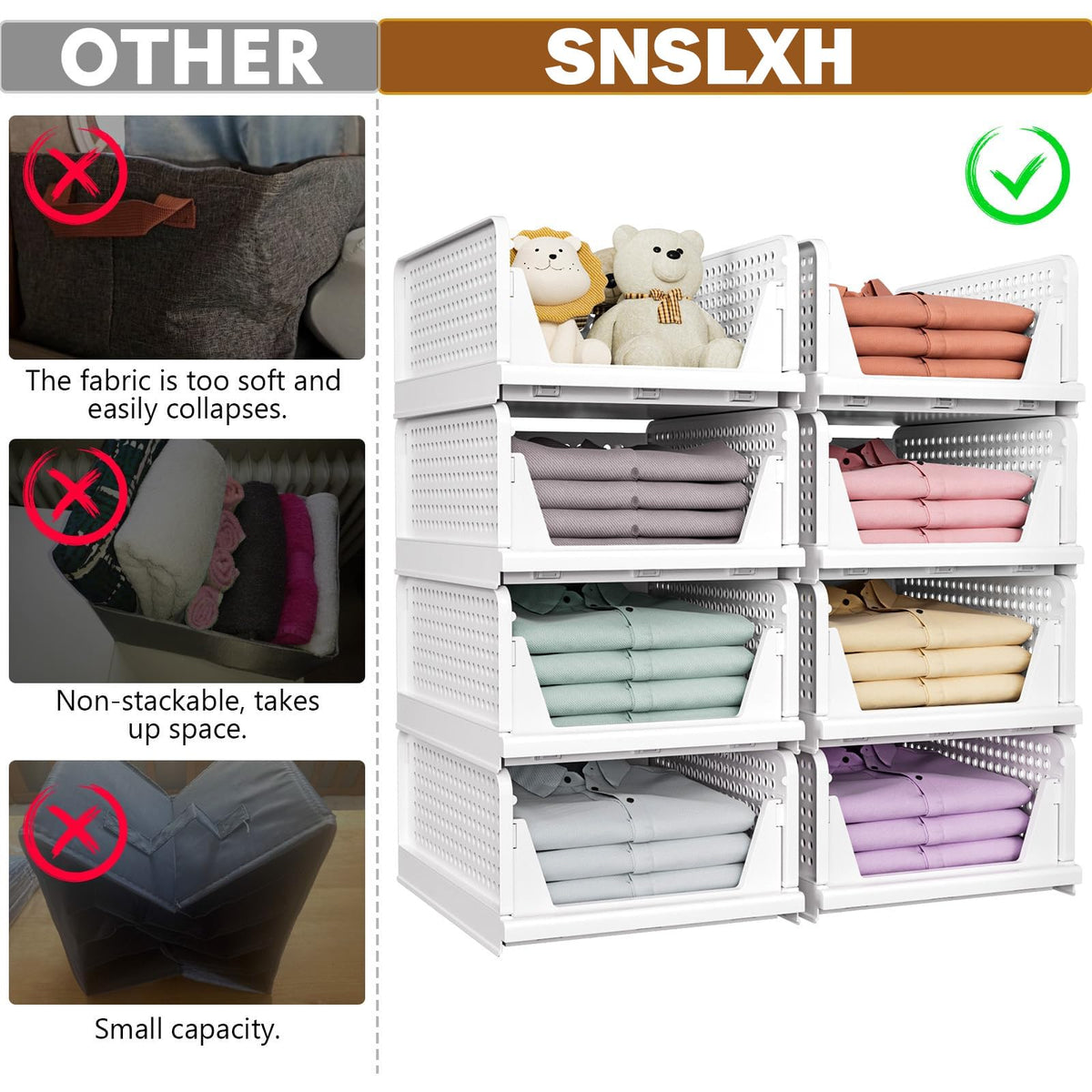 SNSLXH Foldable Stackable Closet Organizer Boxes, White (5 Pack)