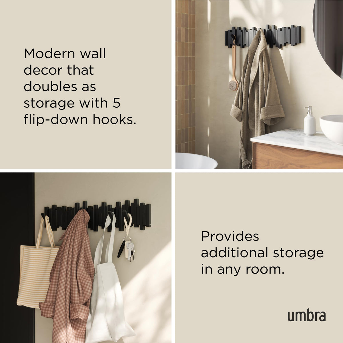 Umbra Sticks Wall-Mounted Coat Rack with 8 Retractable Pegs, Black