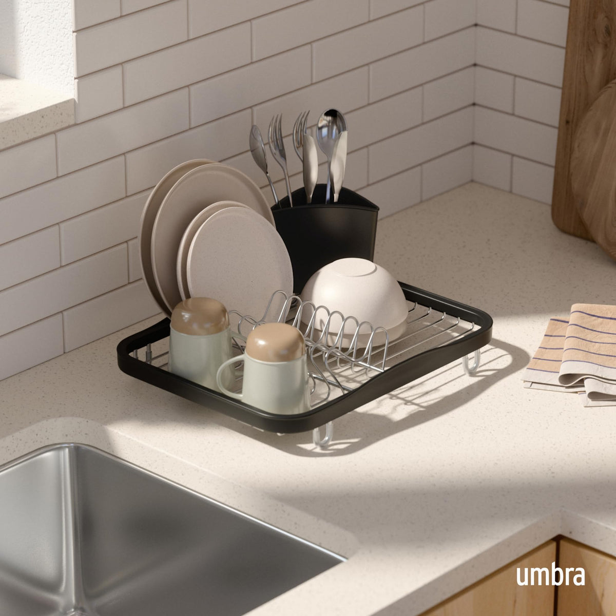 Umbra Sinkin Dish Drying Rack with Cutlery Holder, Black/Nickel