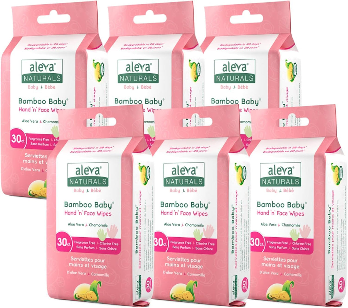 Aleva Naturals Bamboo Baby Hand and Face Wipes, 30 Count, 6 Pack