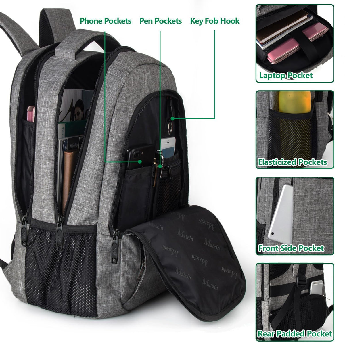 MATEIN Anti-Theft Travel Laptop Backpack, 15.6 Inch, Grey