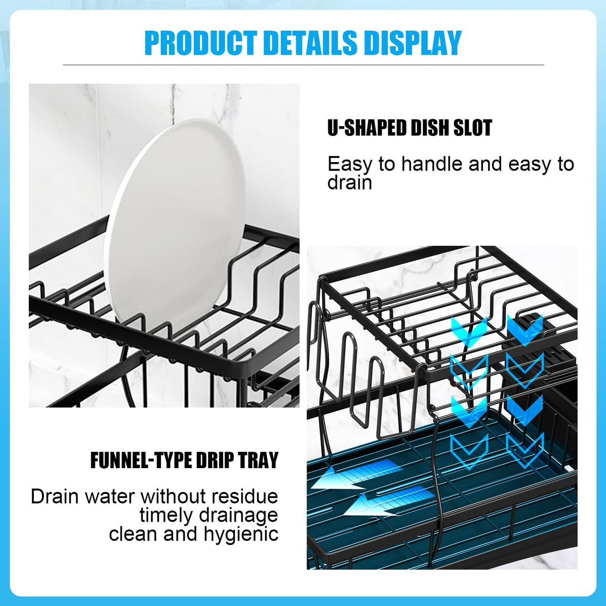 7 Code 2-Tier Large Dish Drying Rack with Drain Board, Black
