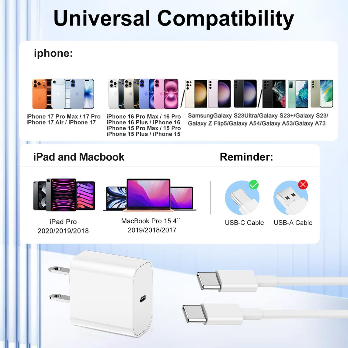 Susnwere 20W USB C Charger Block with 10Ft Cable, 3 Pack