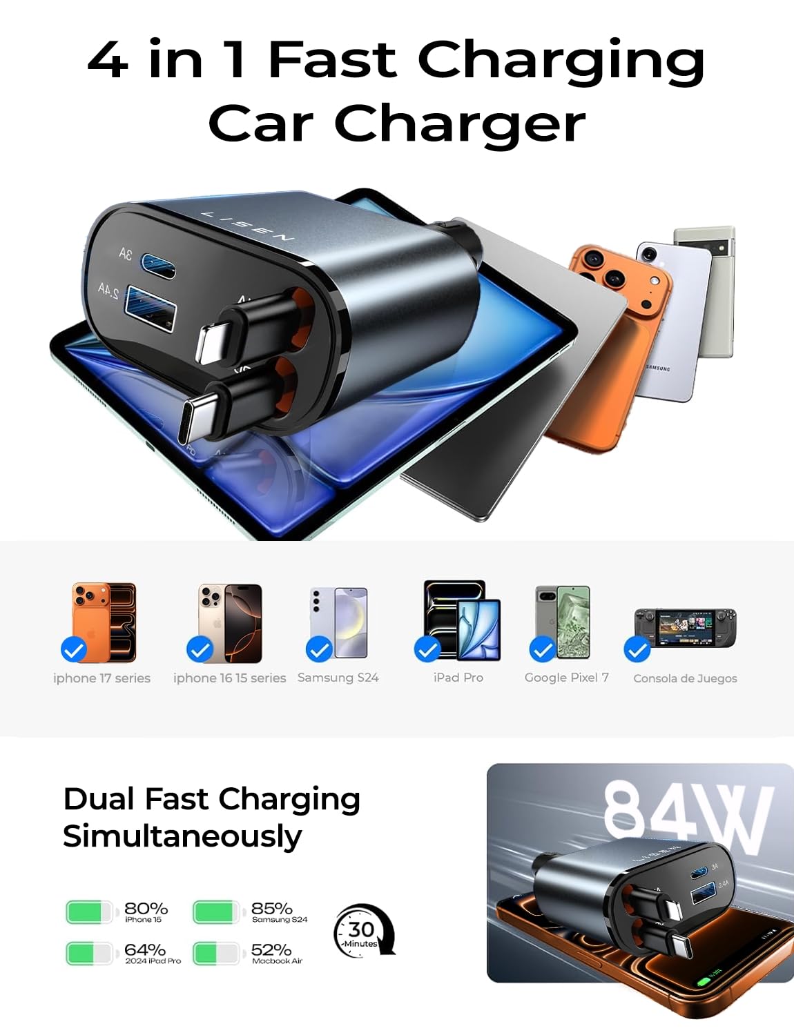 LISEN Retractable Car Charger, 84W USB C
