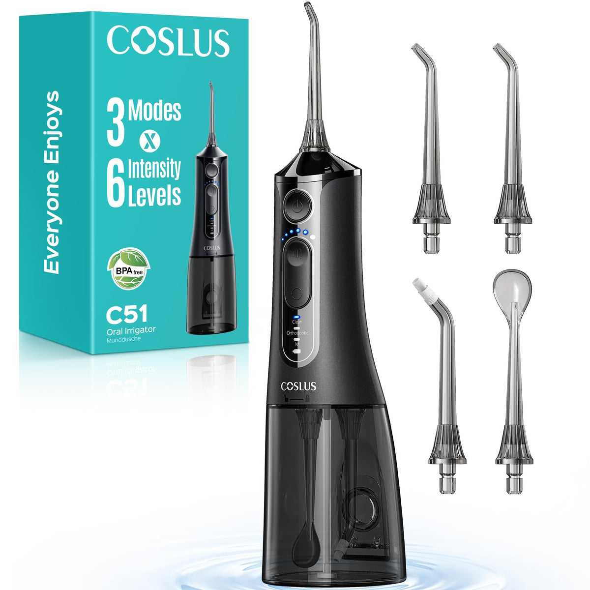 Coslus C51 Portable Water Flosser, 300 ml Tank, Black