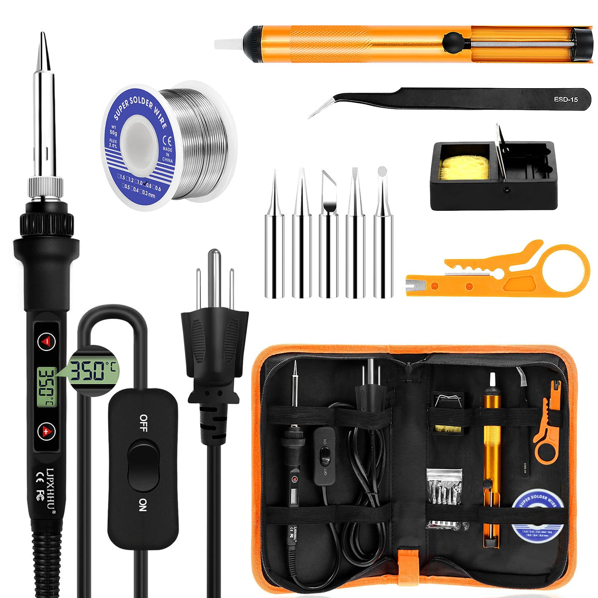 80W LCD Adjustable Temperature Soldering Iron Kit, 12-in-1