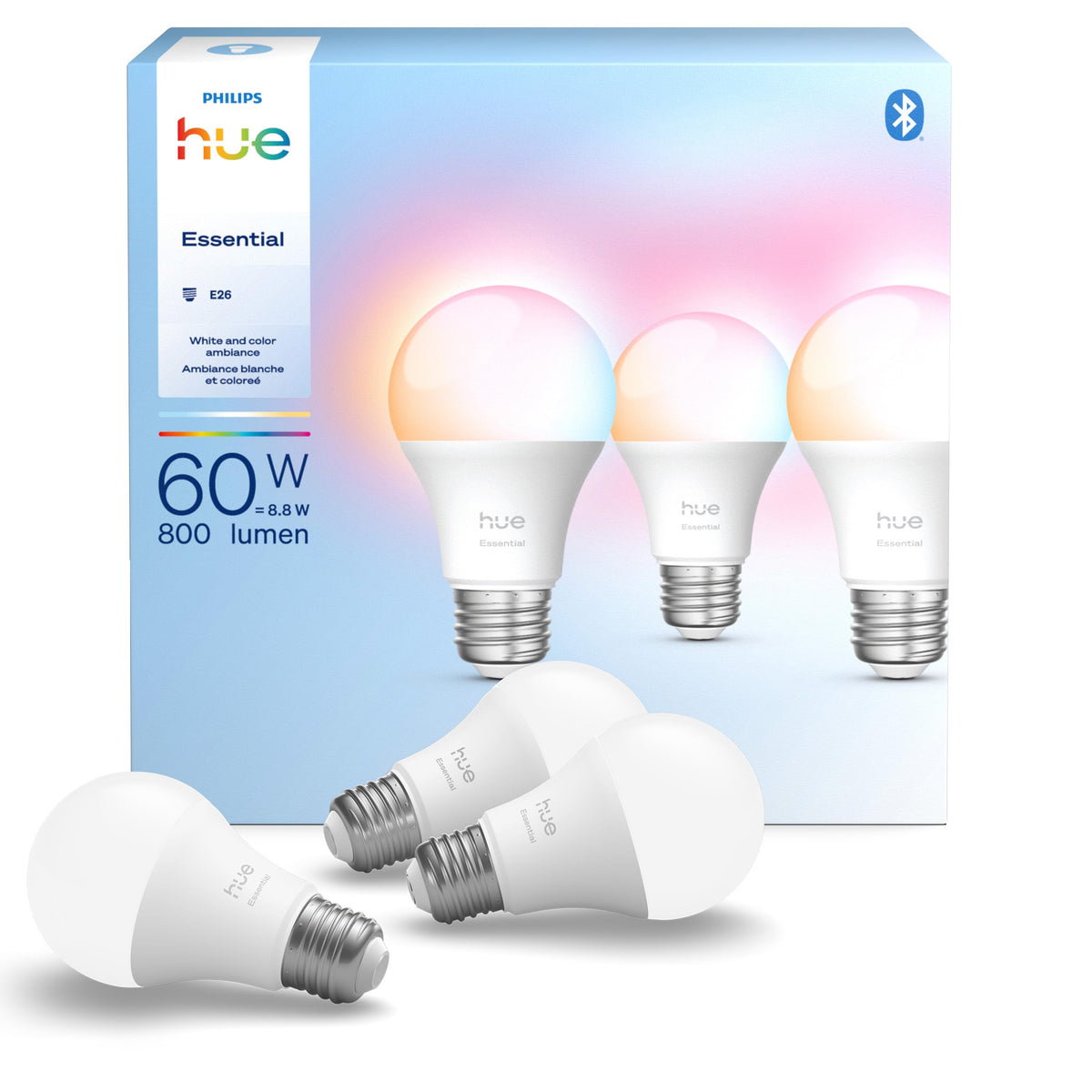 Philips Hue Essential Smart LED A19 Bulb, E26, 8.8W, 3 Pack