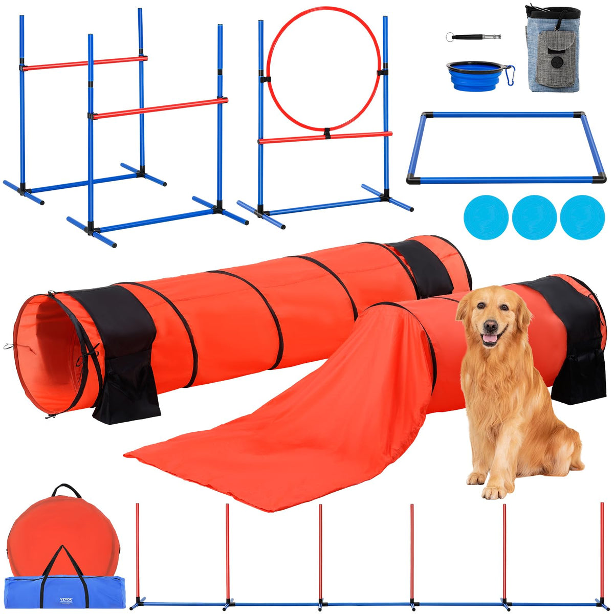 VEVOR Dog Agility Training Equipment, 7 PCS Set with Hurdles, Tunnels