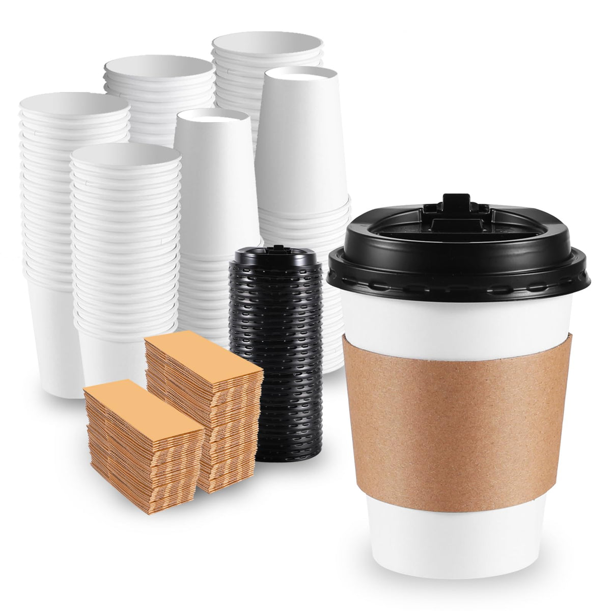 Disposable Paper Coffee Cups with Lids, Sleeves, Straws, 12 oz, 120Pk