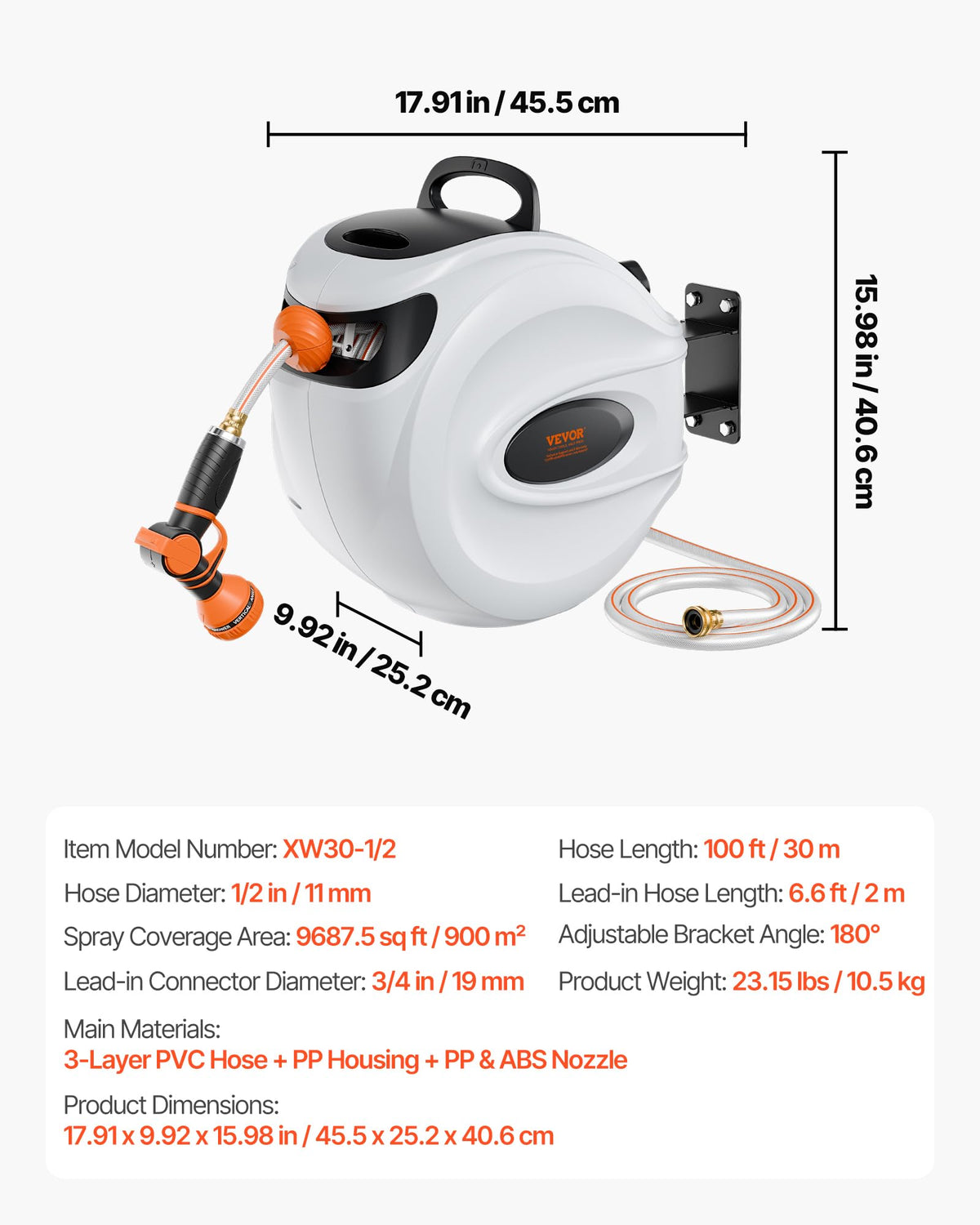 Vevor Retractable Hose Reel, 100 ft x 1/2 in, Wall Mounted