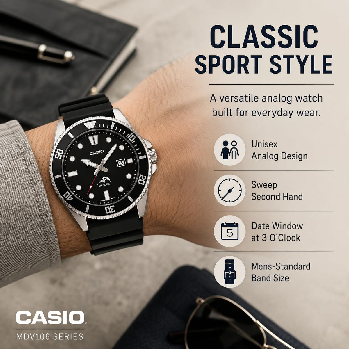 Casio Men's MDV106-1AV 200M Duro Analog Watch, Black