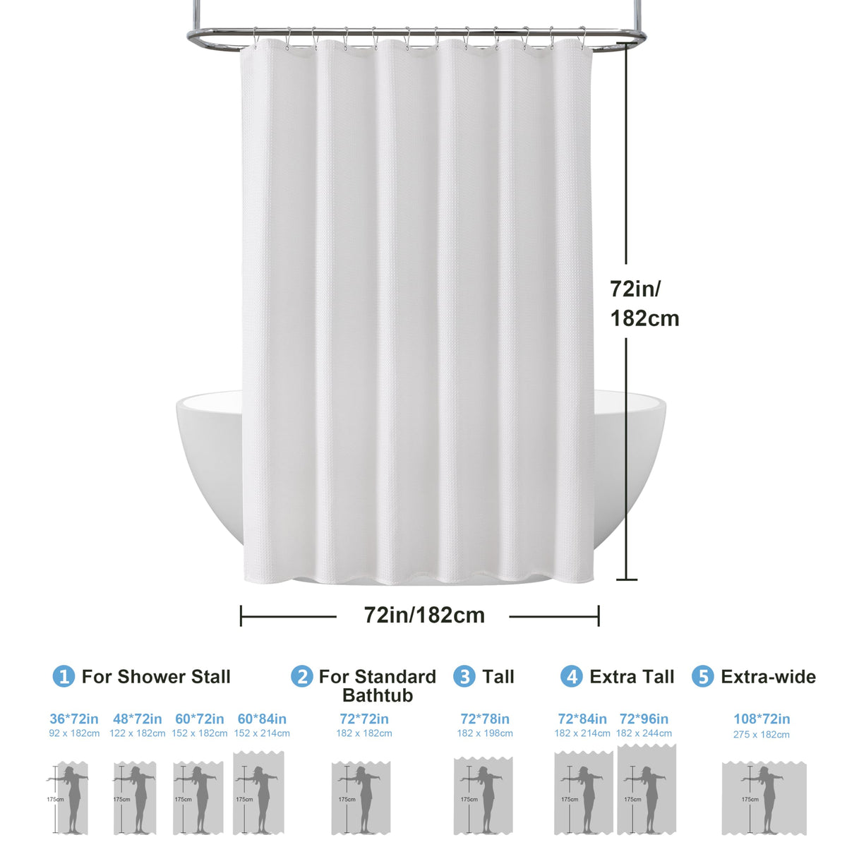 Waffle Weave Fabric Shower Curtain with Hooks, 72" x 72", White