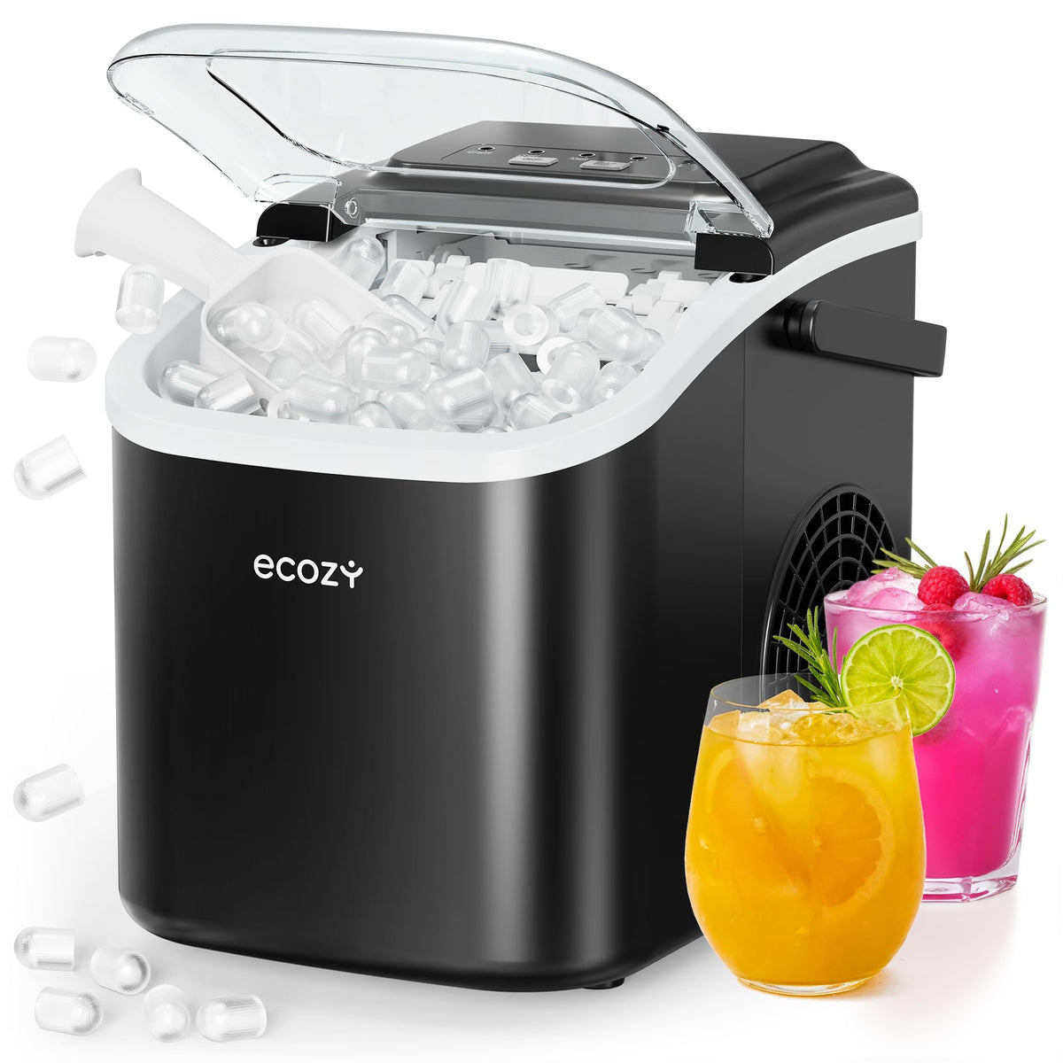 ecozy Portable Countertop Ice Maker, 26 lb/Day, Matte Black