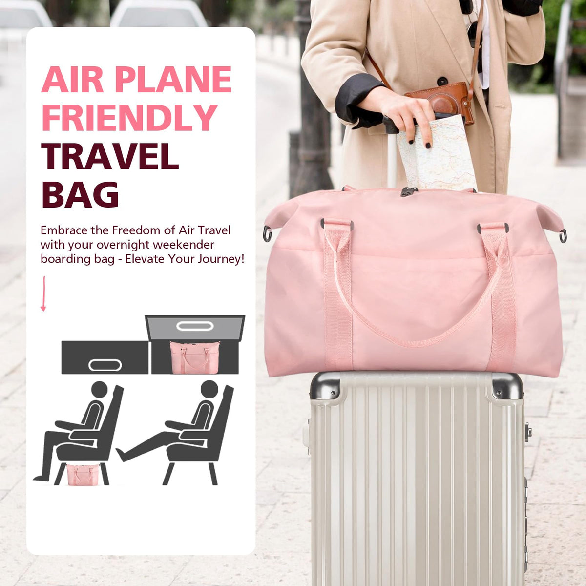EASYFUN Waterproof Travel Duffle Bag with Trolley Sleeve, Pink