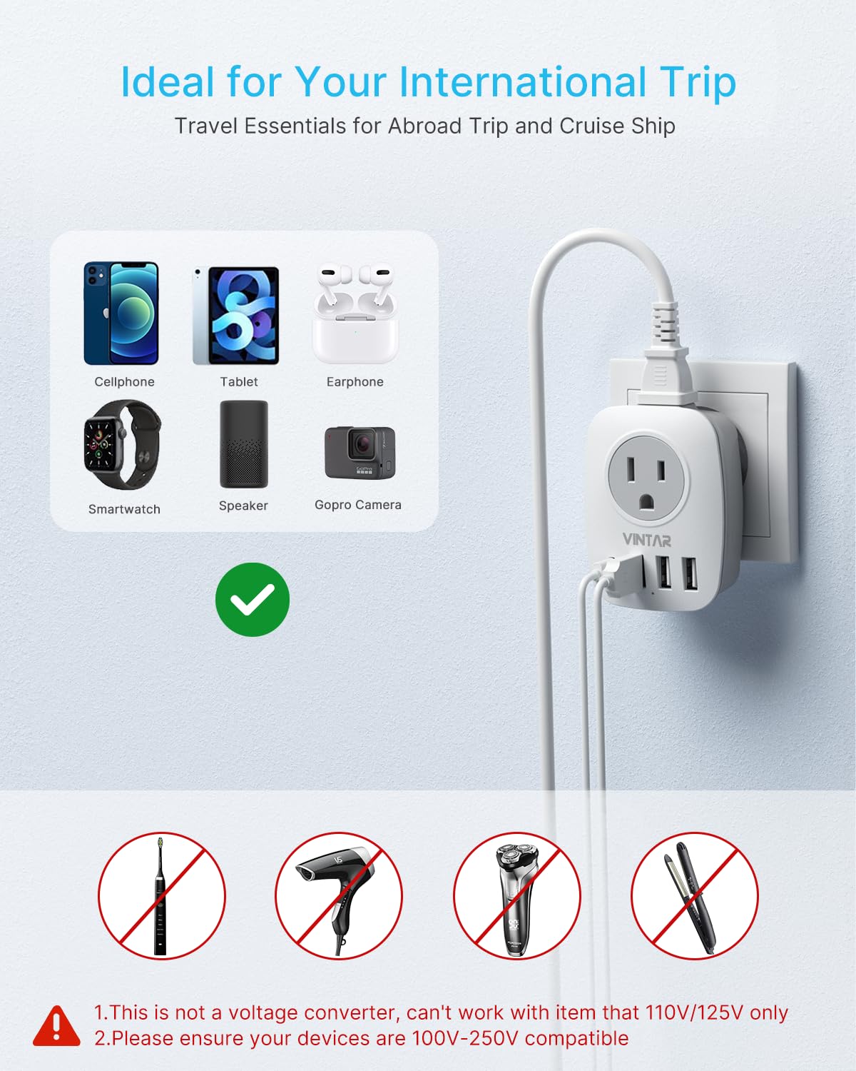 VINTAR European Plug Adapter, 2-Pack