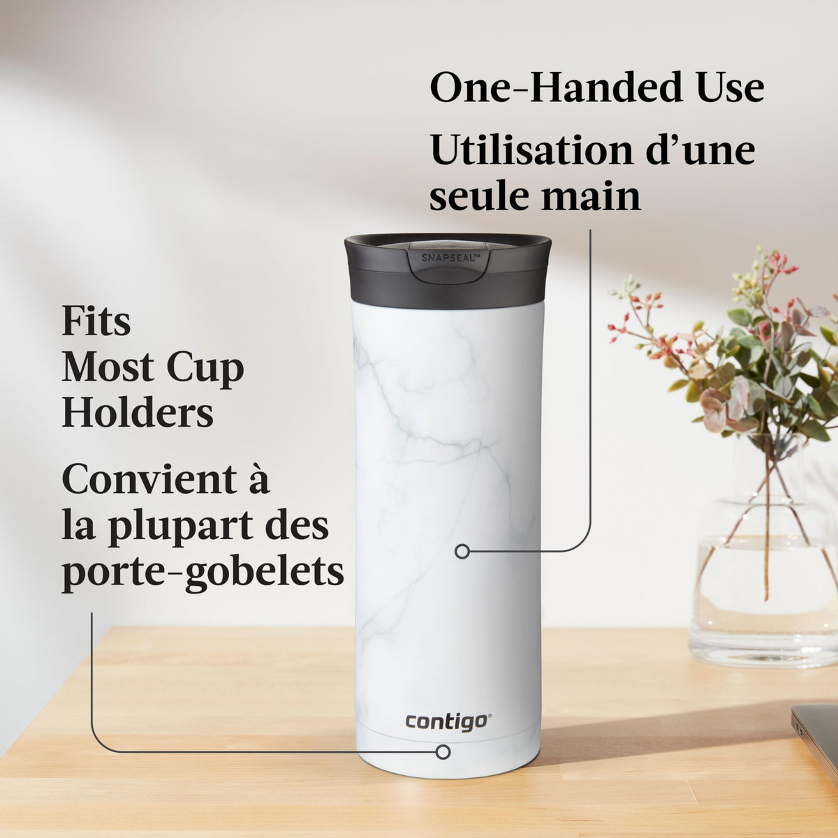 Contigo Huron 2.0 Couture Steel Travel Tumbler, White Marble, 20 oz