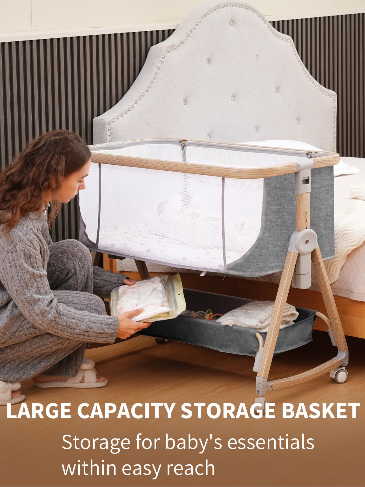 3-in-1 Bedside Sleeper Baby Bassinet with Wheels, Grey