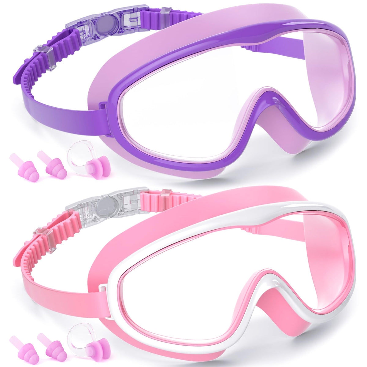 COOLOO Kids Swim Goggles with Nose Cover, Ages 3-15, 2 Pack