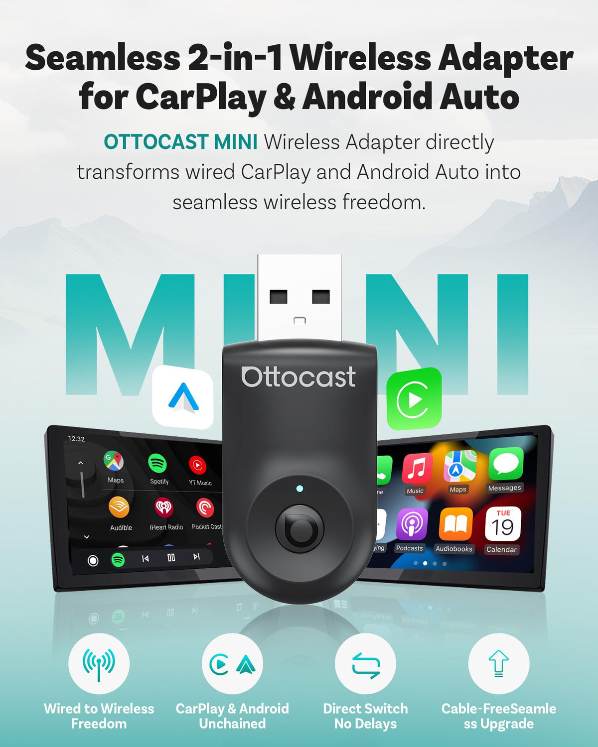 OTTOCAST Mini 2025 Wireless CarPlay and Android Auto Adapter
