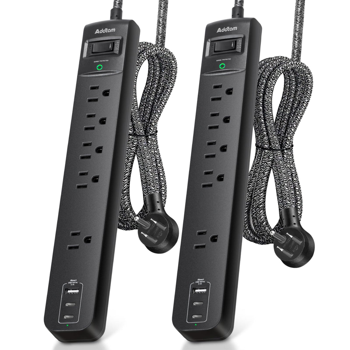 Power Bar Surge Protector with 5 Outlets and 3 USB Ports, 2 Pack