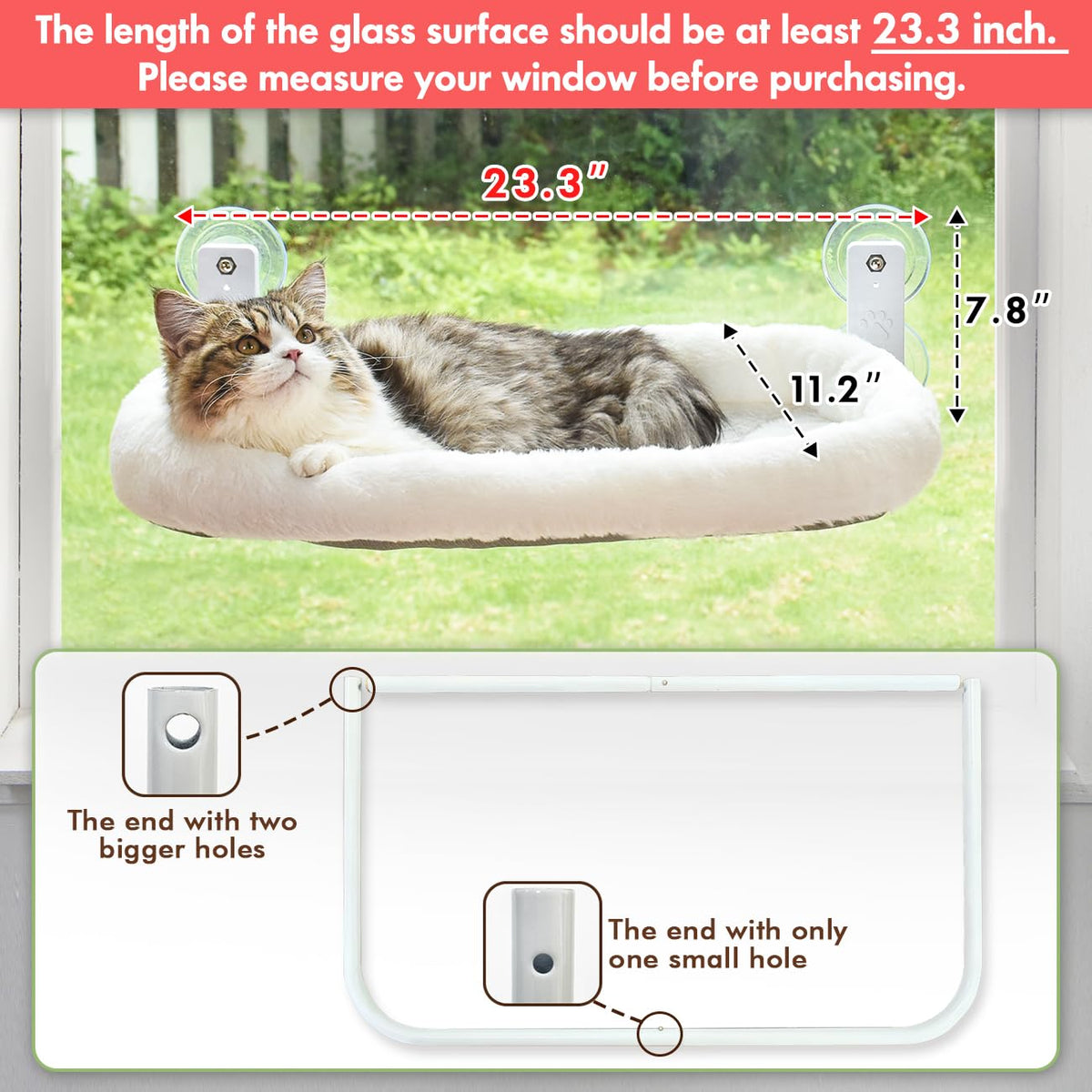 AMOSIJOY Cordless Cat Window Perch with Suction Cups, White