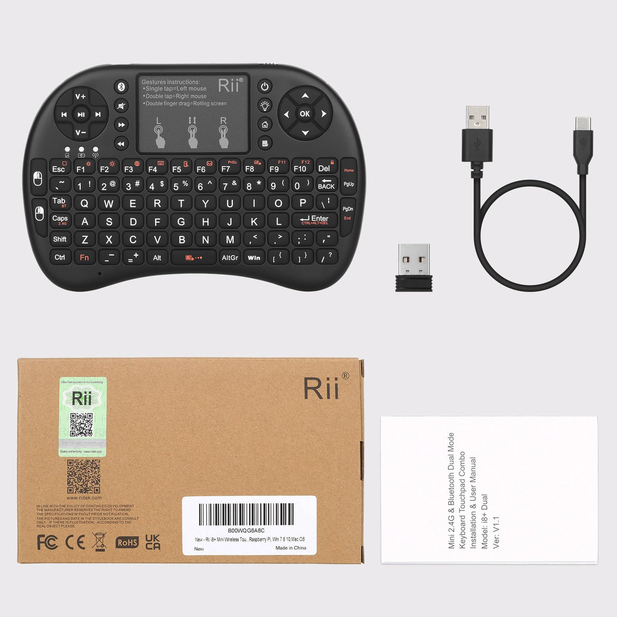 Rii i8+ Mini Wireless Bluetooth Keyboard with Touchpad, LED Backlit