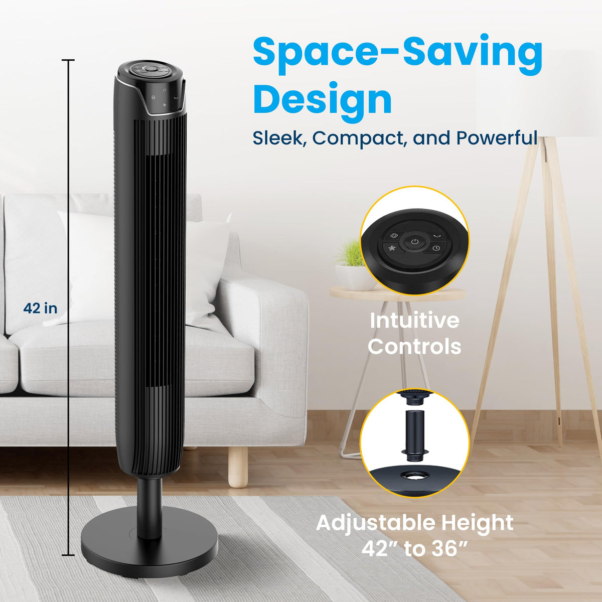 Senville 42" Oscillating Tower Fan for Bedroom, Black