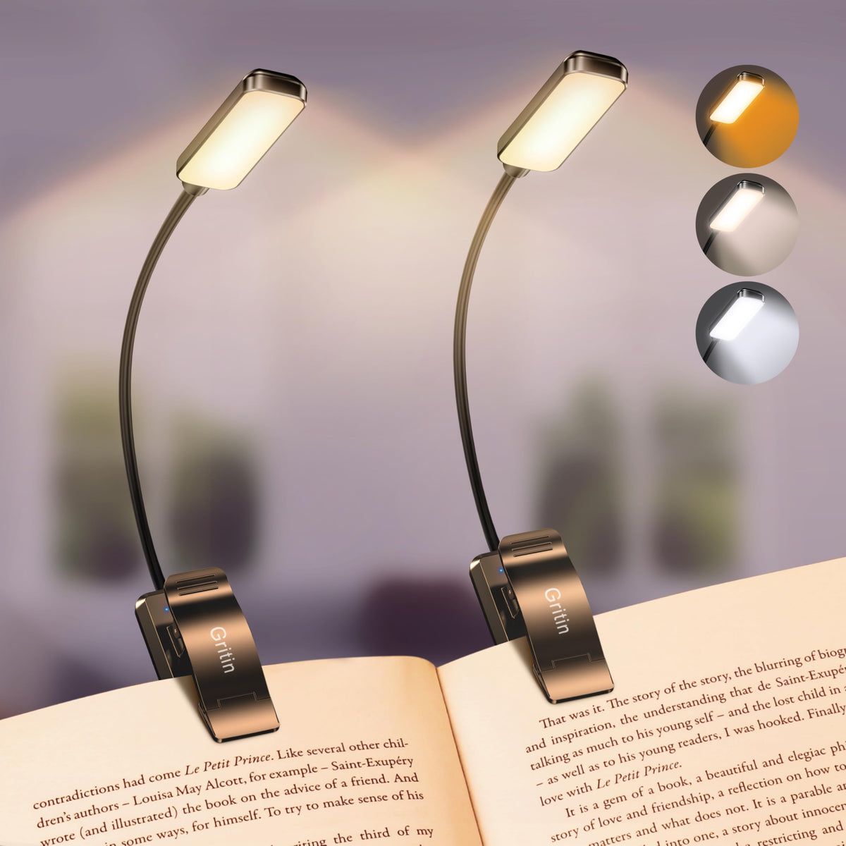 Gritin 9 LED Rechargeable Book Light, Black