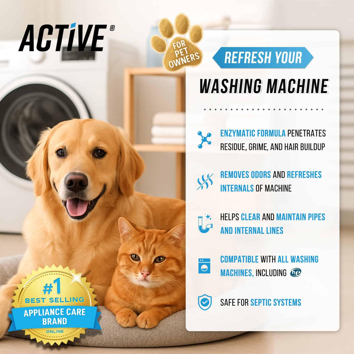 Enzymatic Washing Machine Cleaner for Pet Owners, 24 Tablets