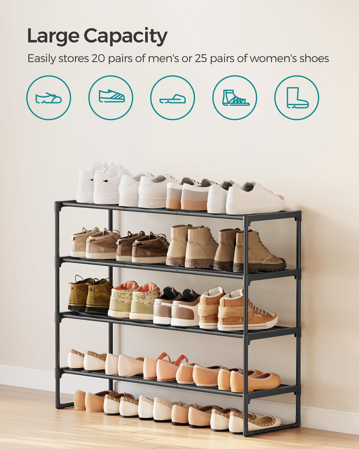 SONGMICS 4-Tier Stackable Shoe Rack, Black ULSA14BK