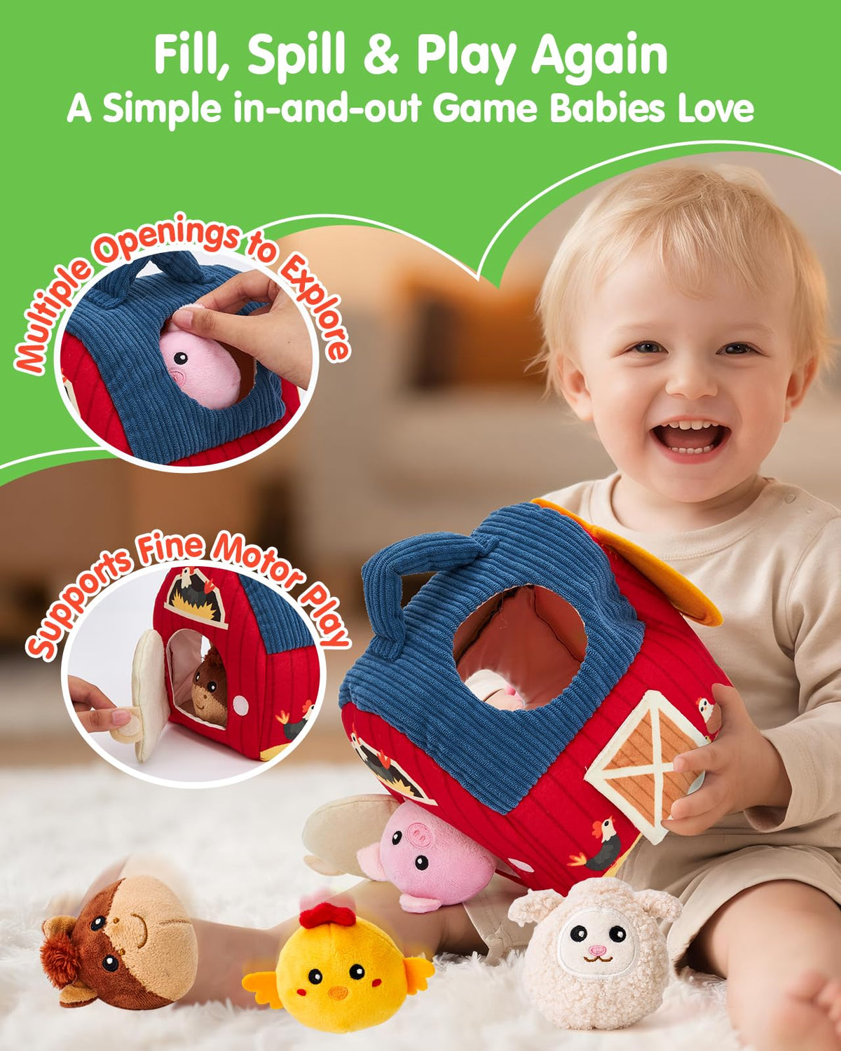Hahaland Montessori Baby Toy Surprise Barn with Stuffed Animals