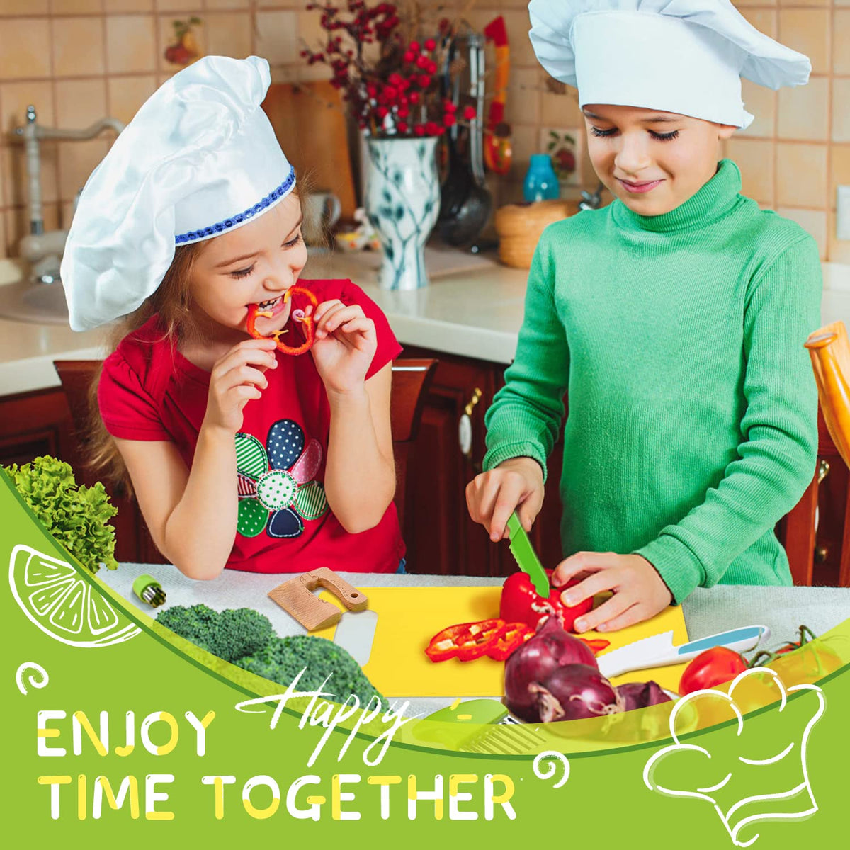 Montessori Kids' Kitchen Tools Set with Safe Knives, 13 Pieces