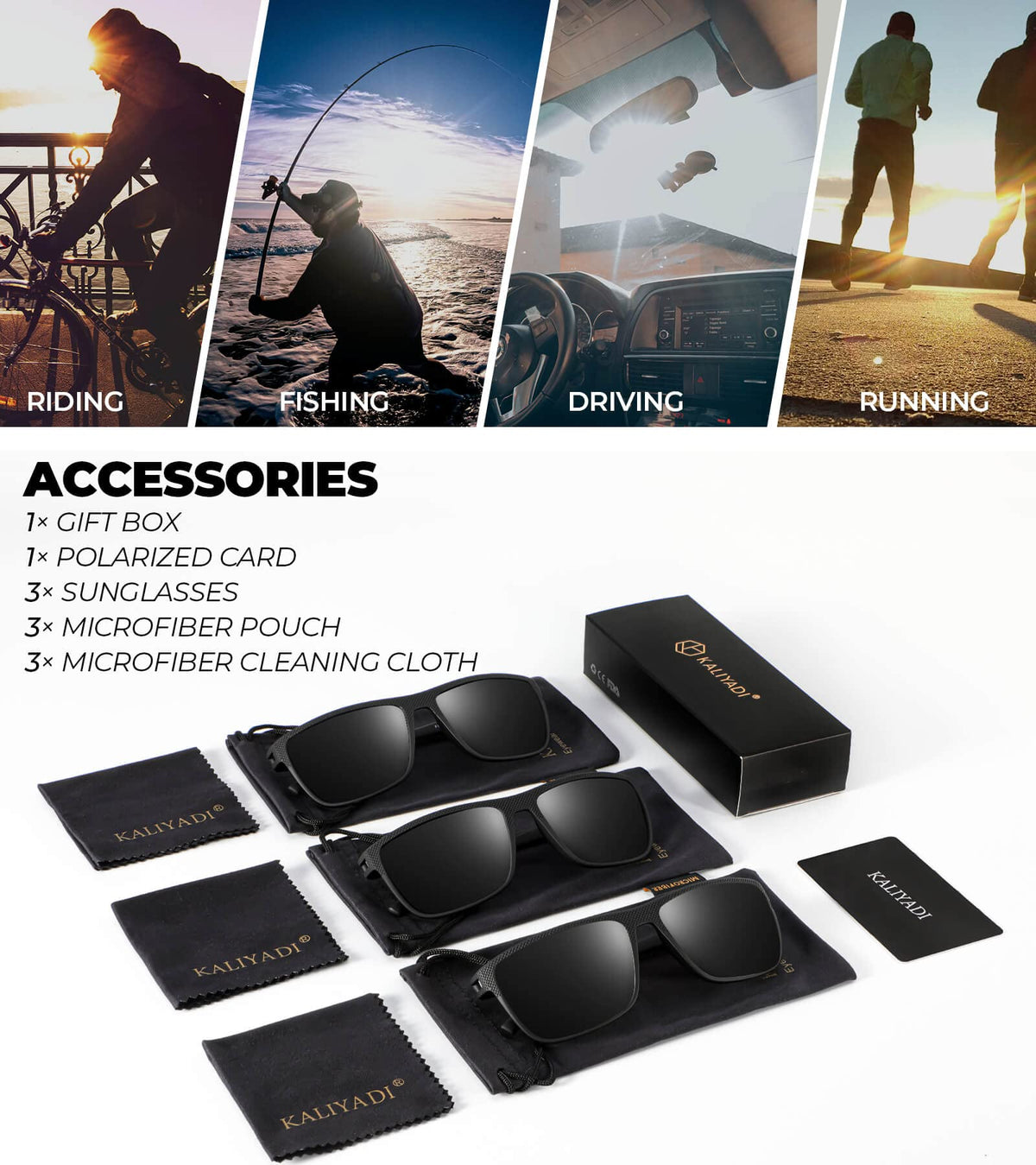 KALIYADI Polarized Rectangle Sunglasses, Black, 3 Pack