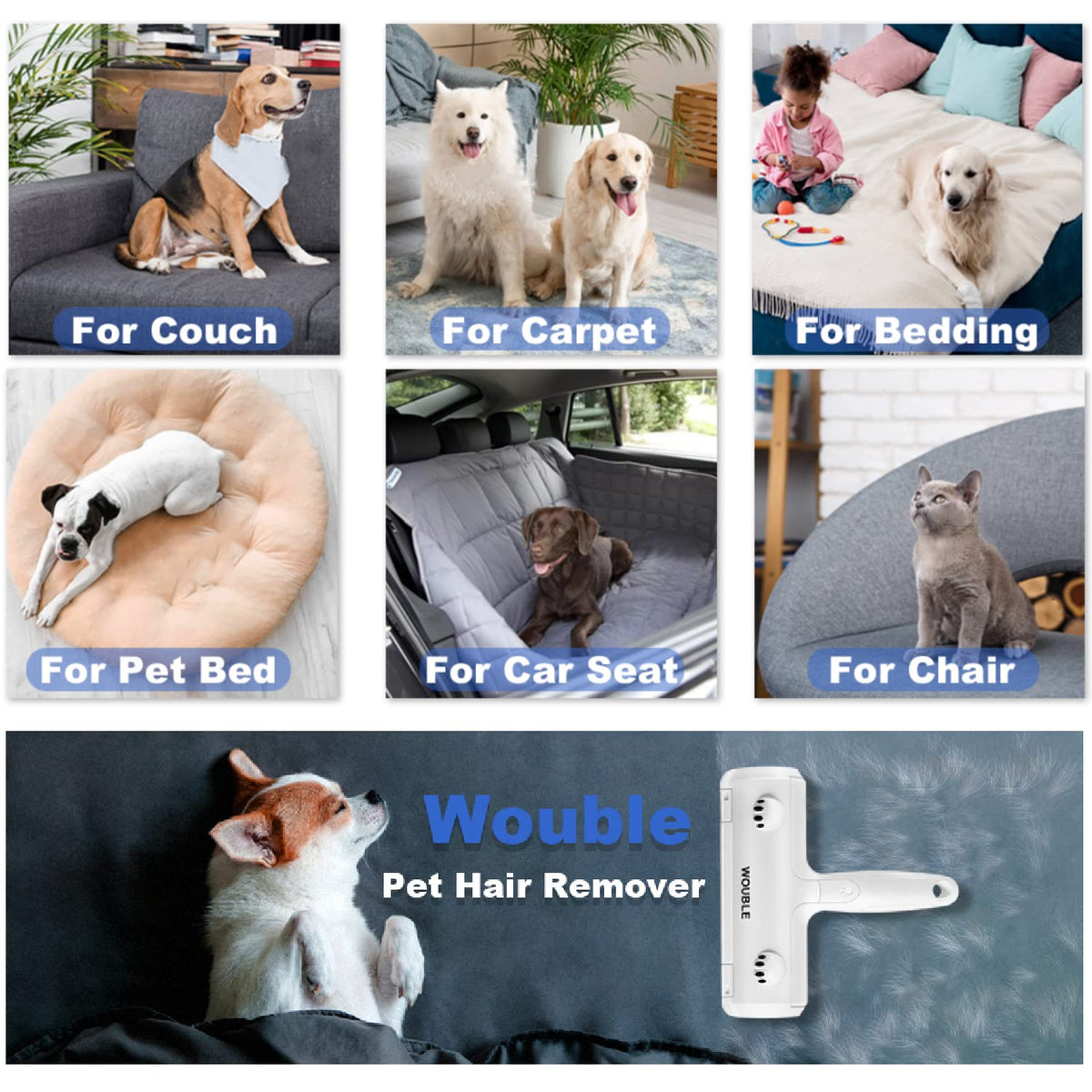 Wouble Reusable Pet Hair Remover Roller, White