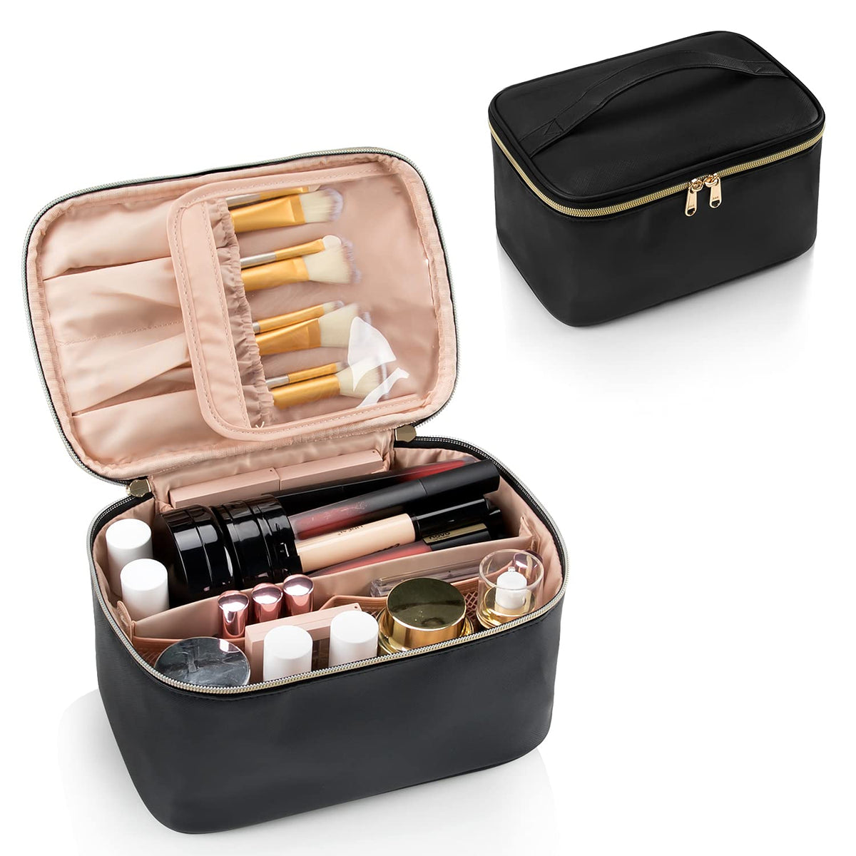 Large Capacity Travel Makeup Bag with Handle and Divider, Black