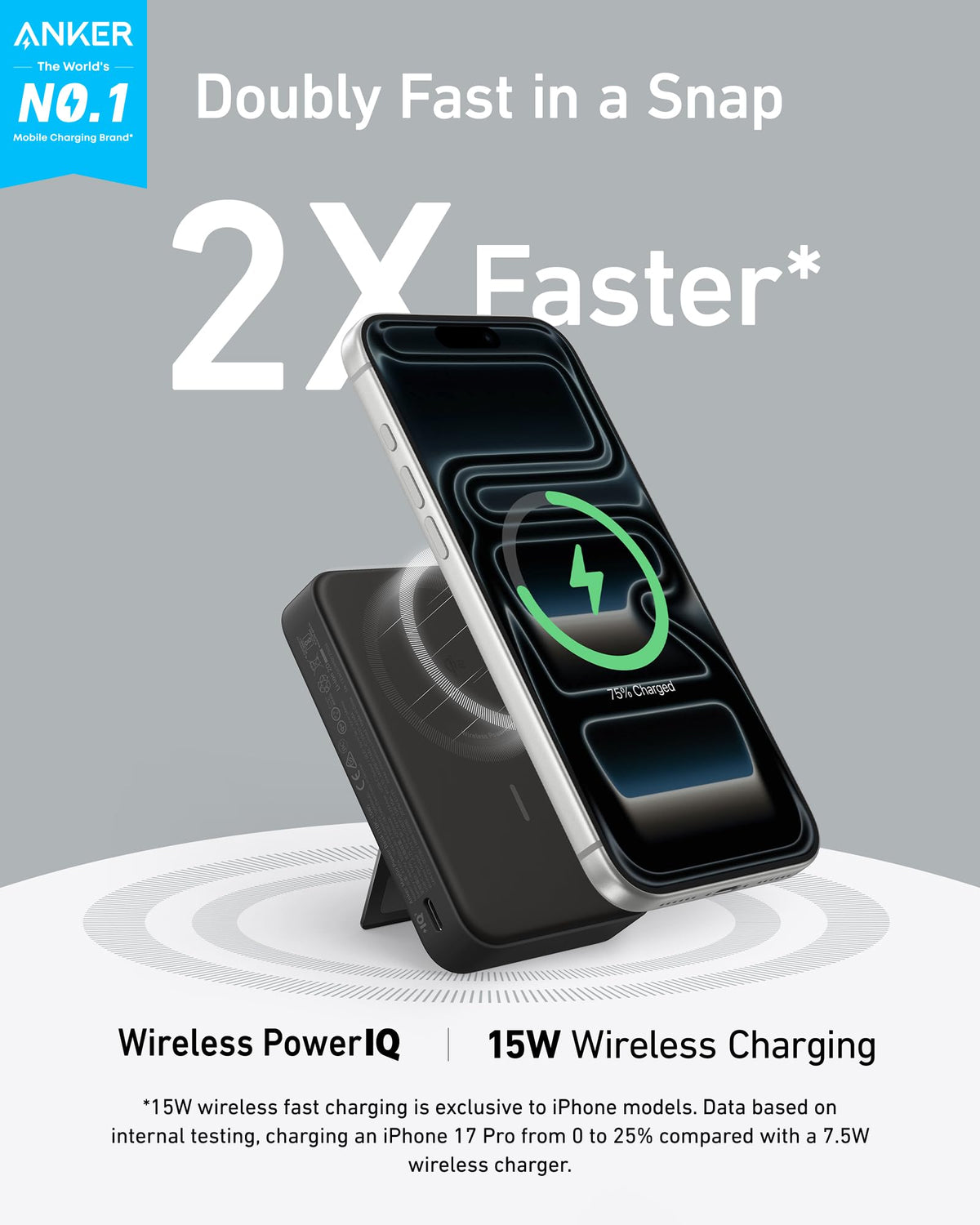 Anker MagGo Power Bank, Qi2 15W, 10,000mAh, Foldable Stand