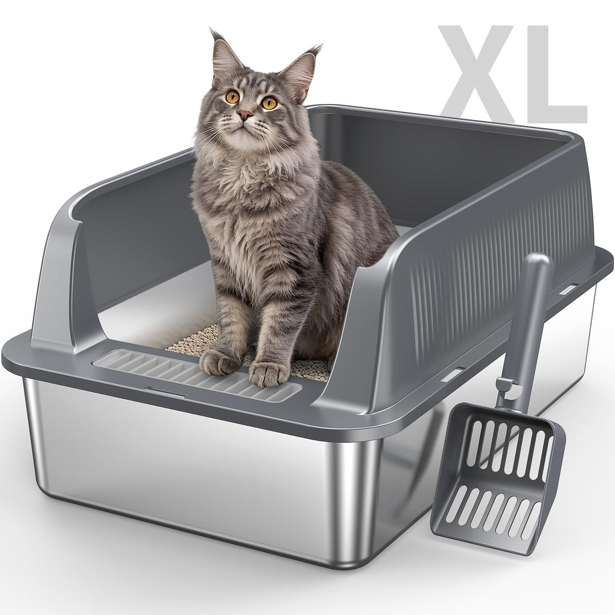XL Stainless Steel Cat Litter Box with High Sides & Lid