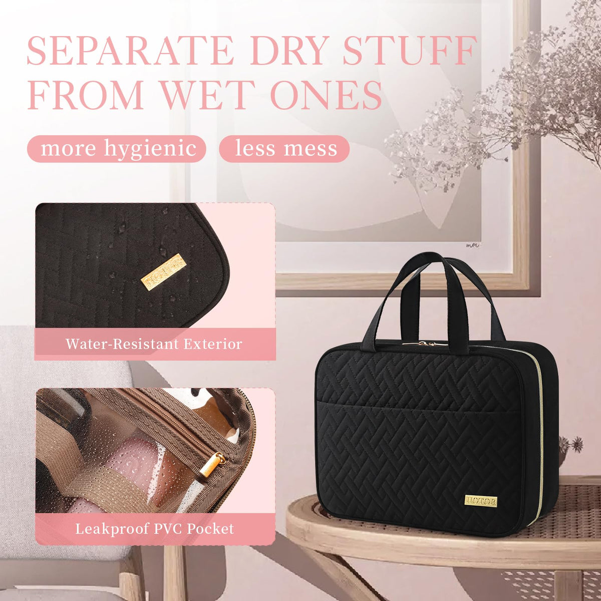 HOTOR Travel Toiletry Bag with Hanging Hook, Black