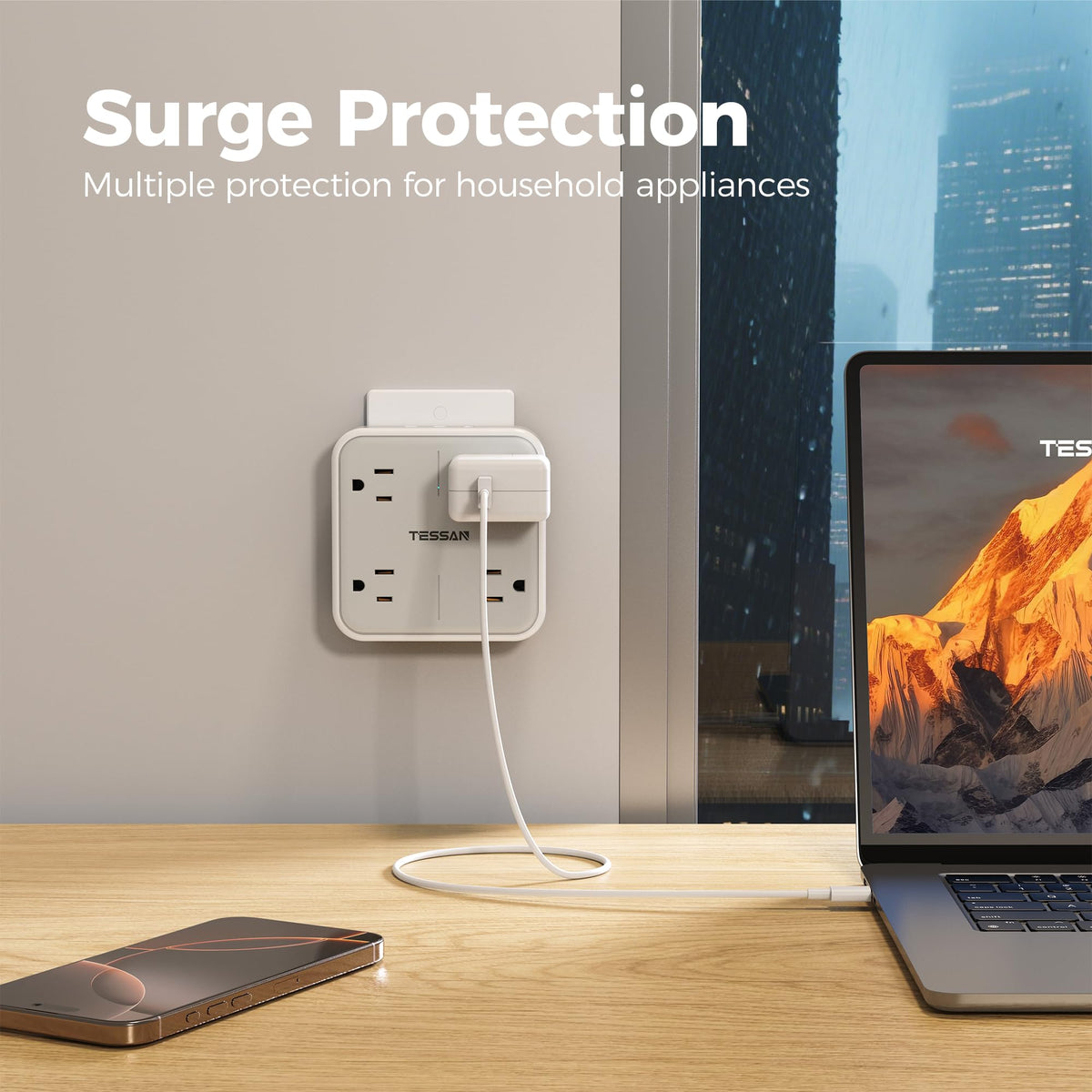 TESSAN 4 Outlet Wall Extender with USB-C & 2 USB-A Ports, Grey