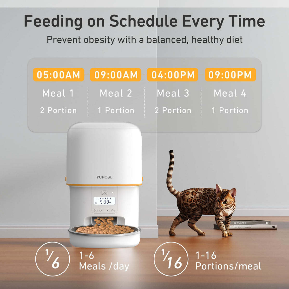Yuposl 3L Automatic Cat Feeder with Stainless Steel Bowl, White