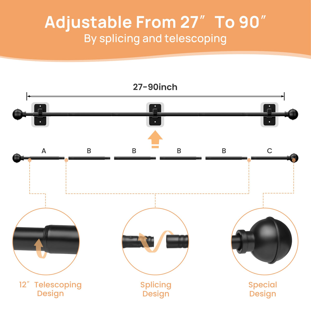 upsimples No Drill Curtain Rod, 48-84", Black