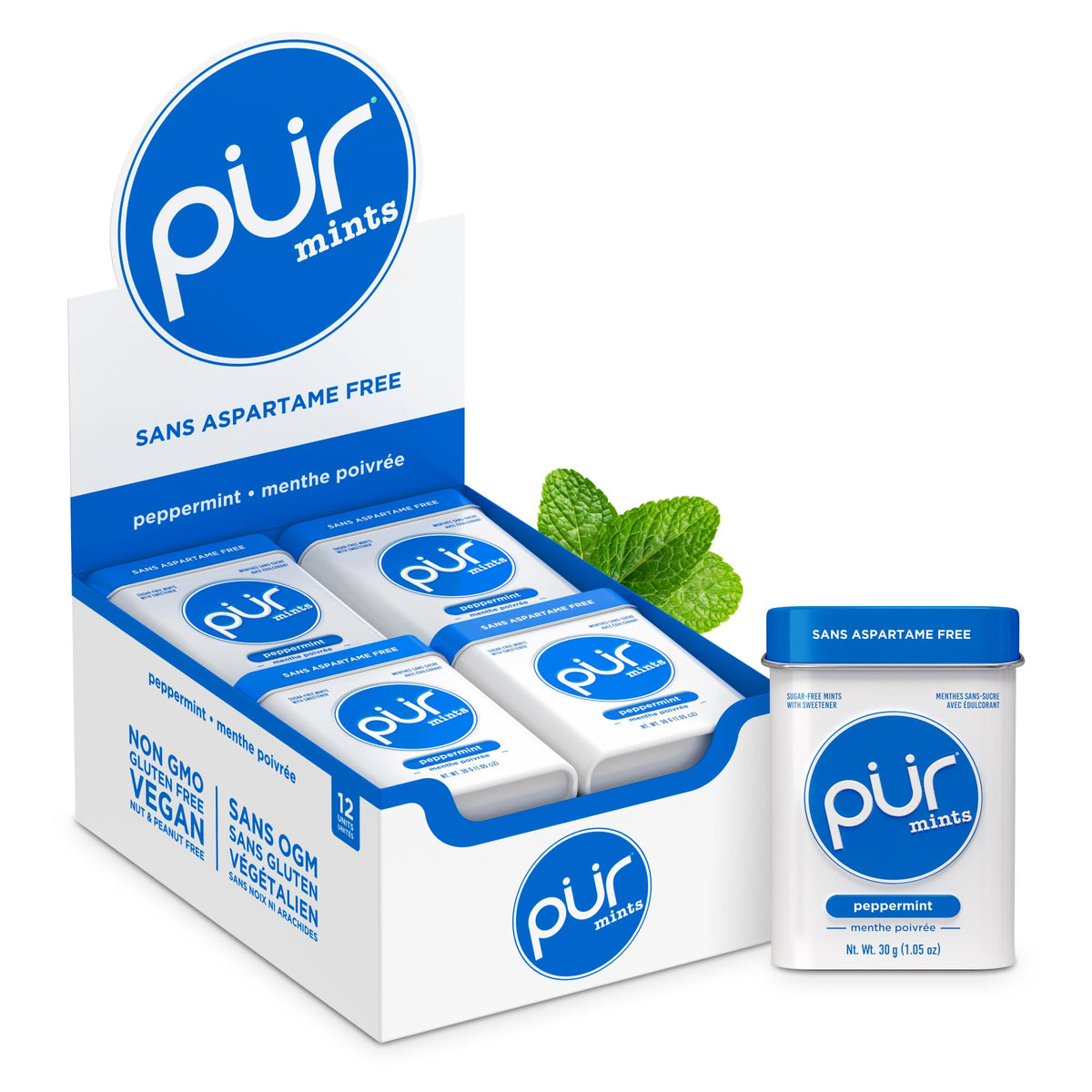 PUR Xylitol Peppermint Mints, 30 Pieces, Pack of 12