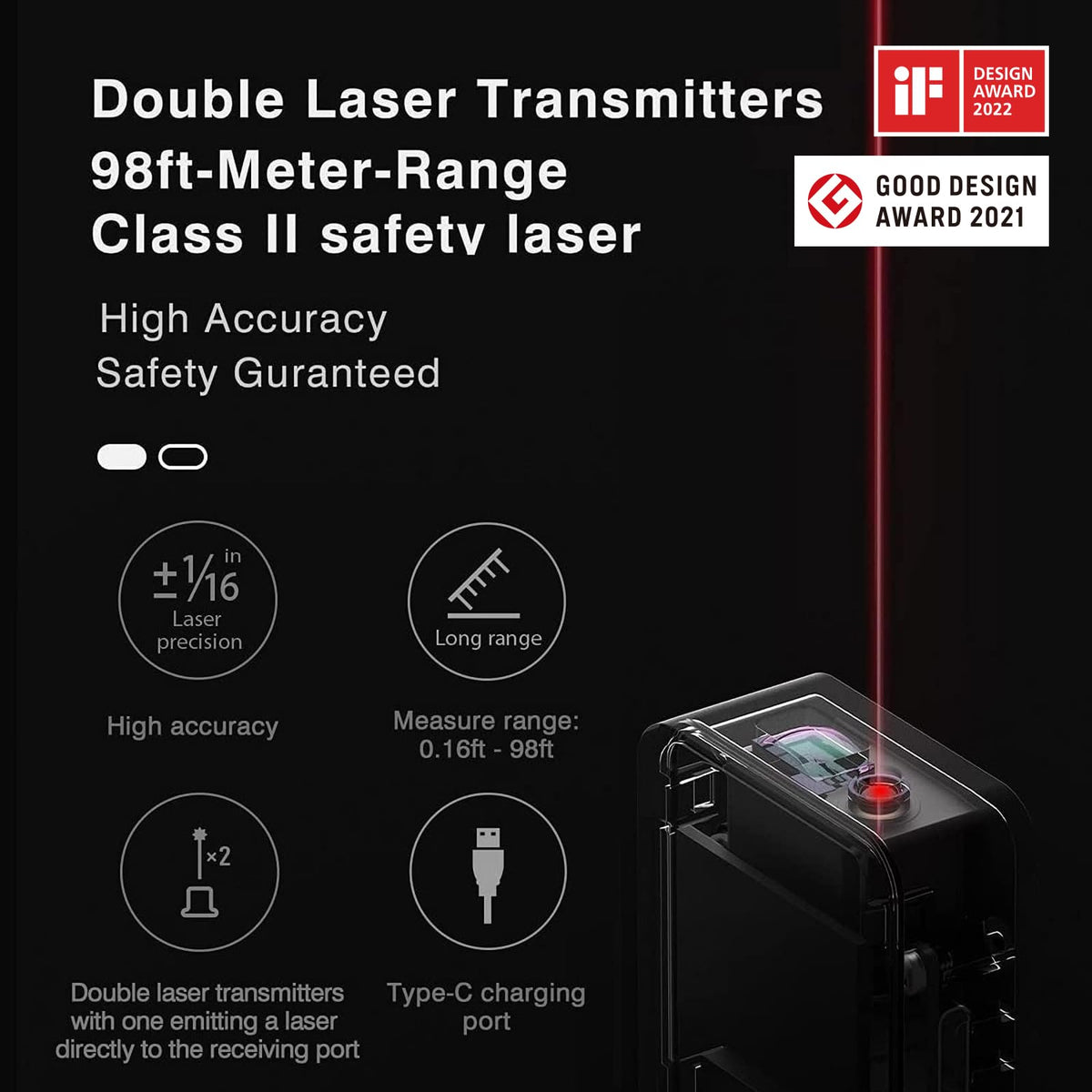 HOTO Laser Measuring Tool, 98Ft, USB-C Rechargeable, OLED Display