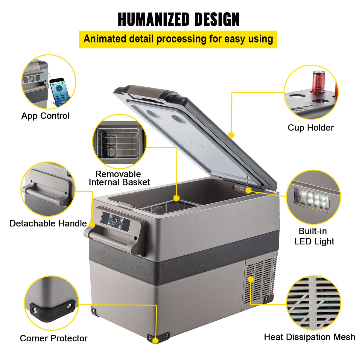 VEVOR 45L Portable Car Refrigerator, 48 Quart, 12/24V DC, Grey