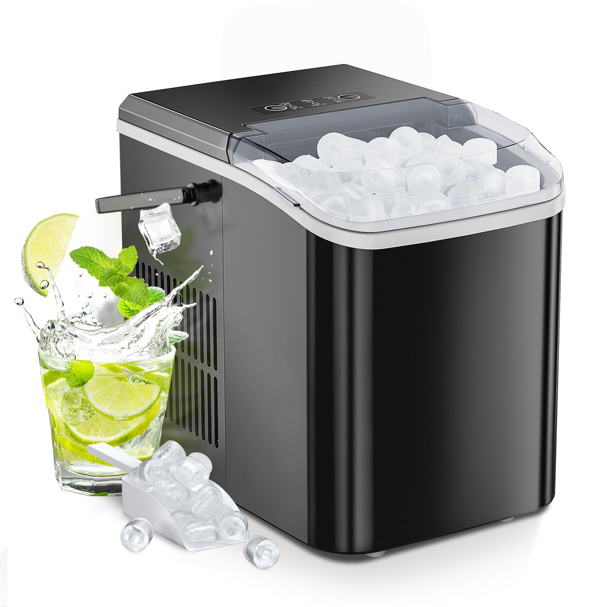 Sweetcrispy Countertop Ice Maker with Handle, 26 lb/24H, Black
